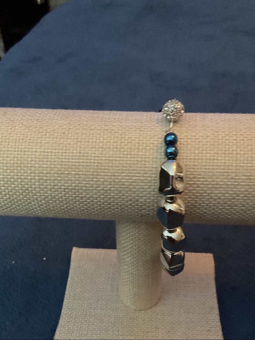 Sterling Silver Heart Bead Bracelet with Blue Accent Beads